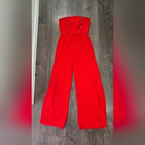 Red Strappless Jumpsuit with 2 slits